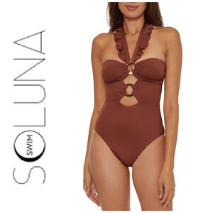 NWT Soluna Sz S Cocoa Buckle Up Gold Ring One Piece Swimsuit Bathing Suit NEW